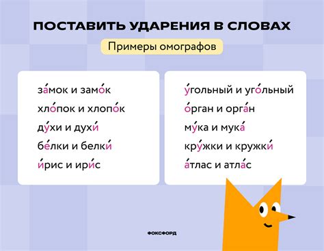 Анализ написания и произношения слов с выделяемым ударением на разных слогах