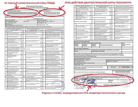 Информация, содержащаяся в документе диагностической карты для автомобиля