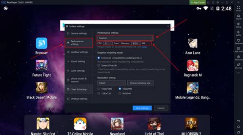 Использование соответствующих настроек Nox Player