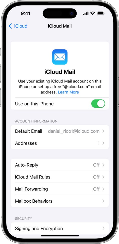 Отображение личной электронной почты в настройках iCloud