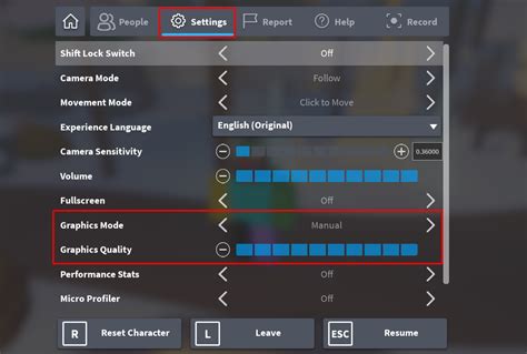 Измените настройки графики для повышения производительности Роблокс