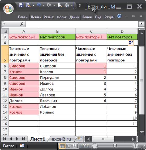 Методы поиска повторов в строках в Excel