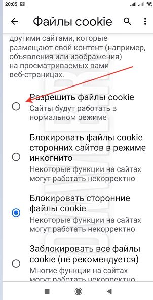 Переключение на режим включения cookies